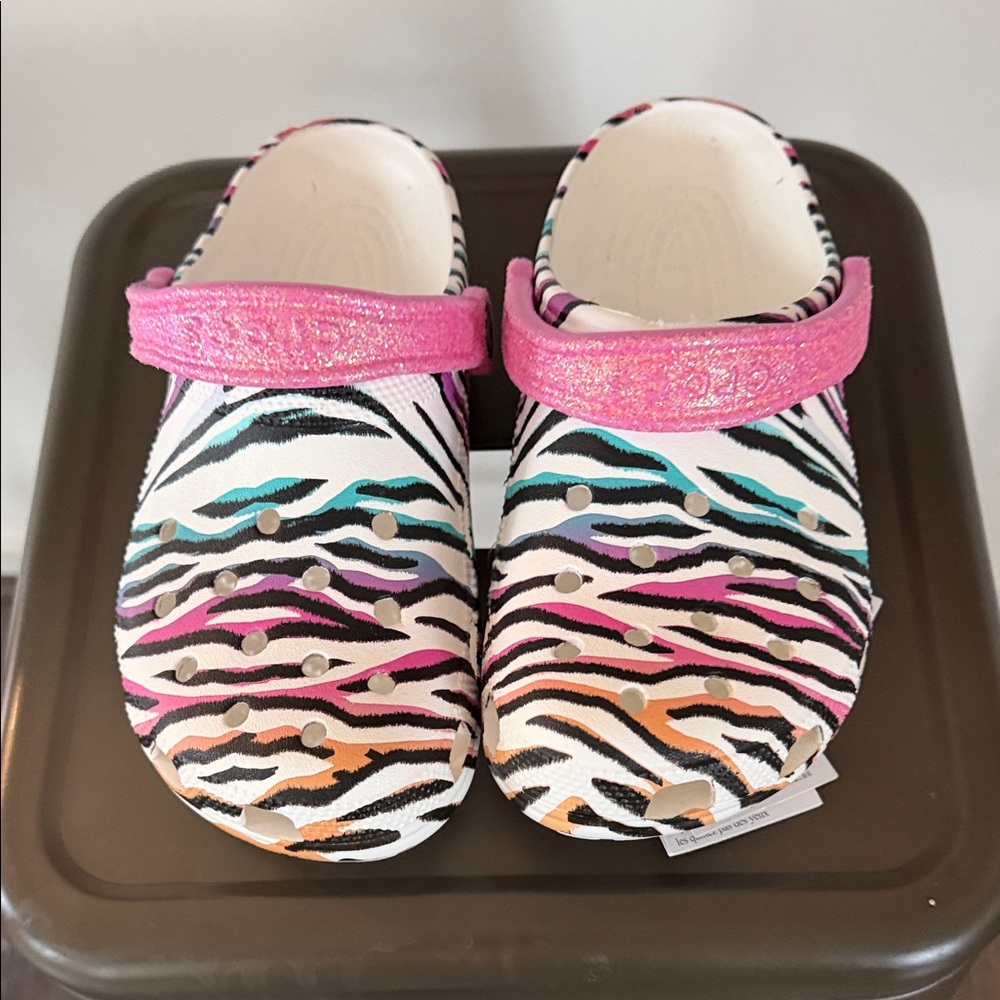 CROCS Kids Zebra Print Clogs with Sparkly Pink Strap